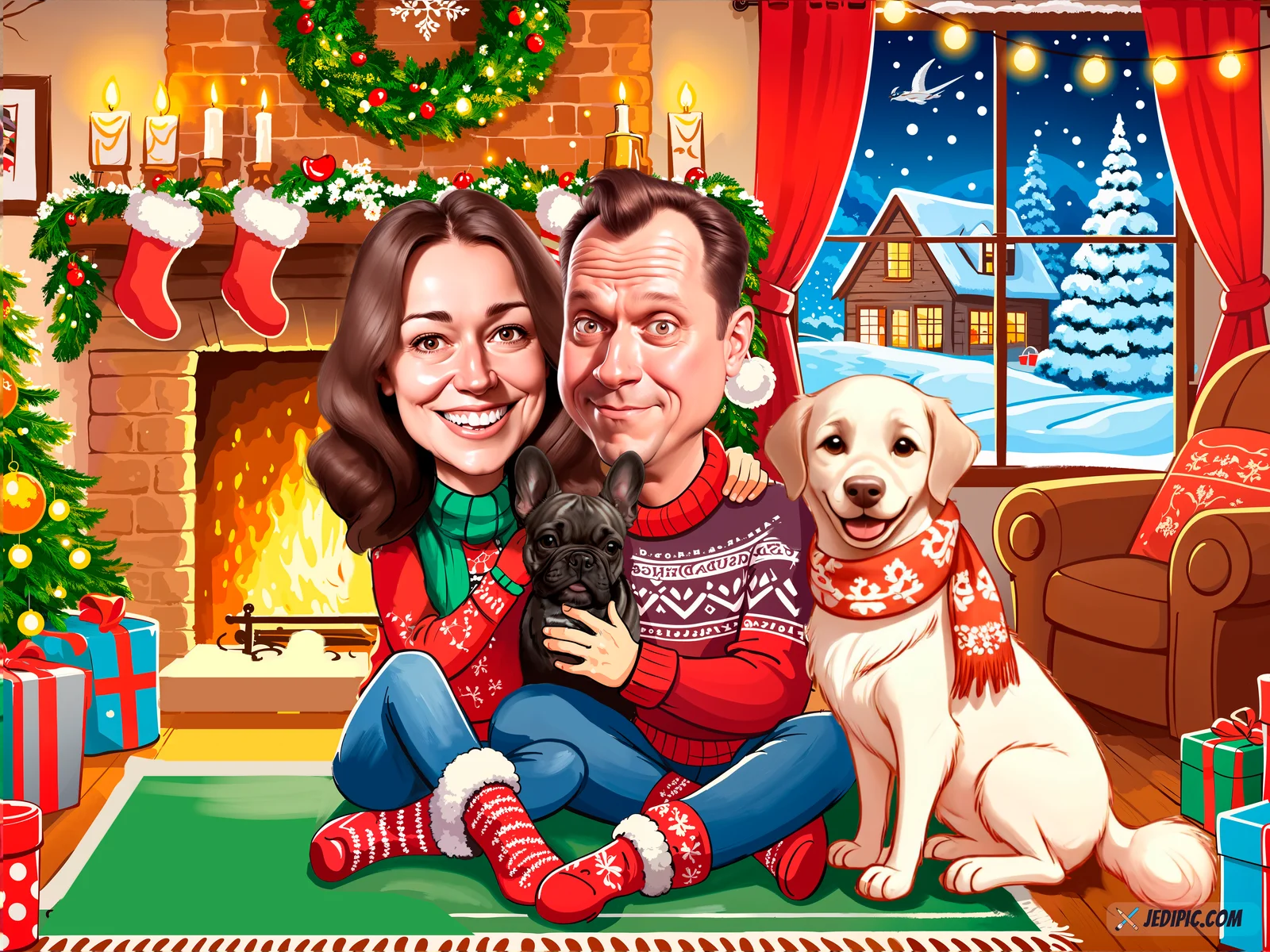 Custom Christmas Caricature from Photo — Personalized Family Holiday Portrait Hand-Drawn Tree Presents Xmas Keepsake Gift
