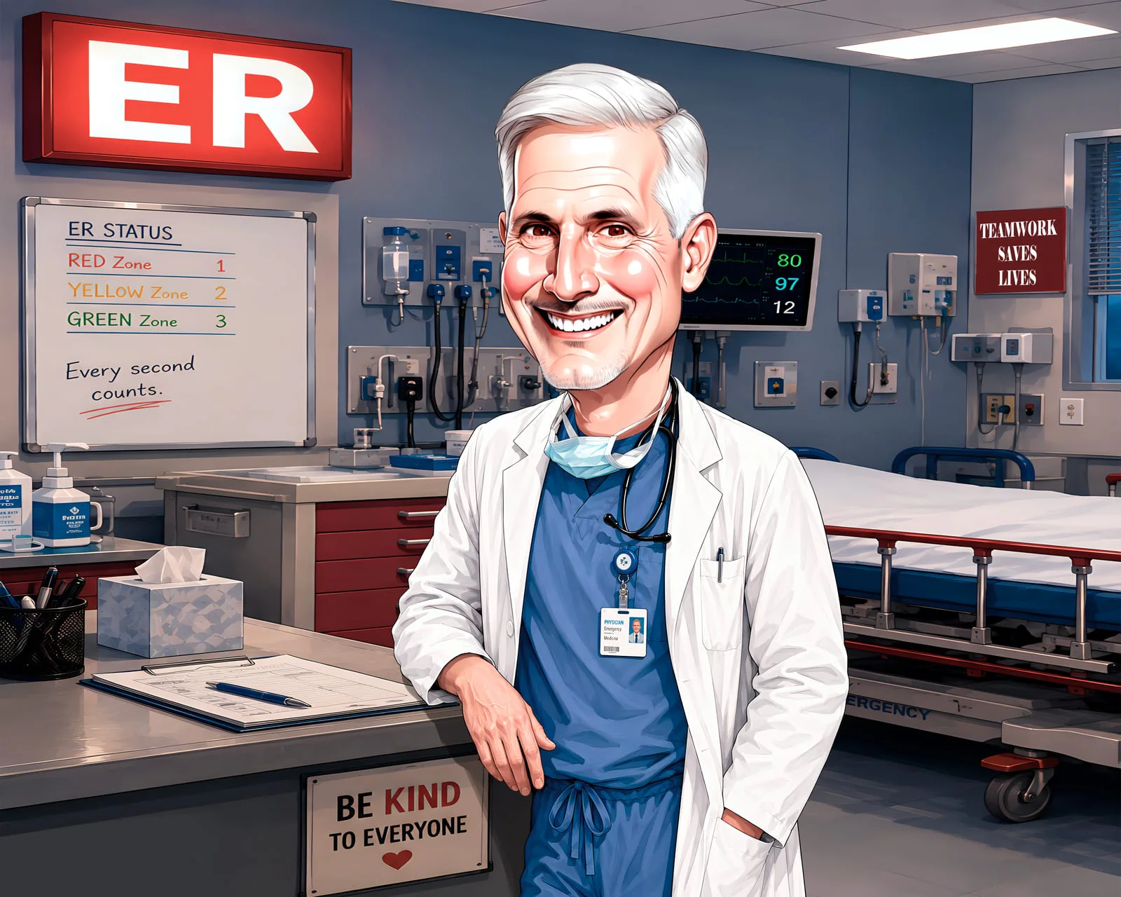 A custom caricature portrait of an emergency-room doctor