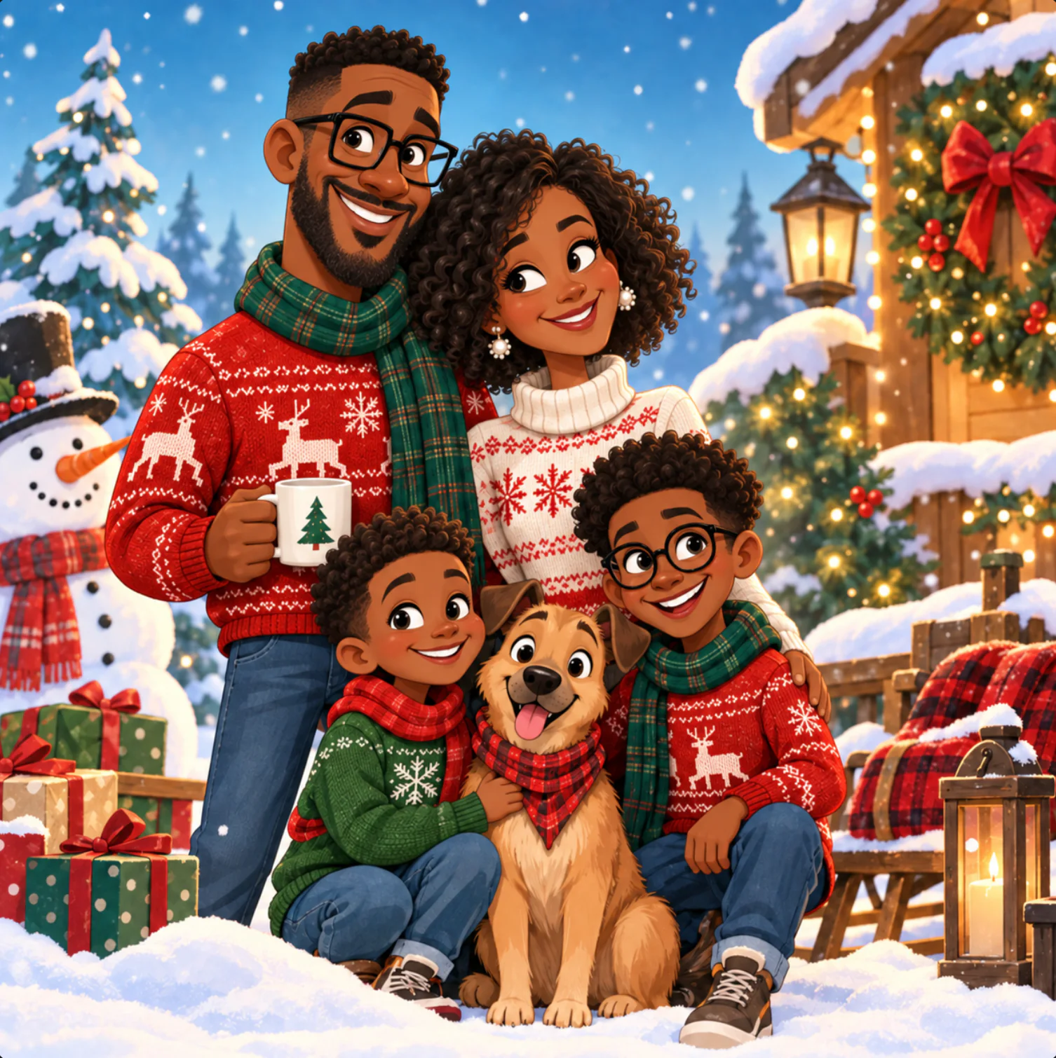 Holiday Family Christmas Caricature Portrait from Your Photo